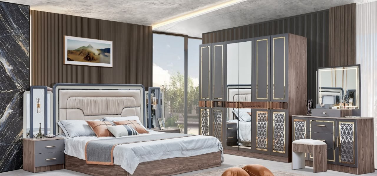 Chambre complète 912 : armoire miroir motif losange