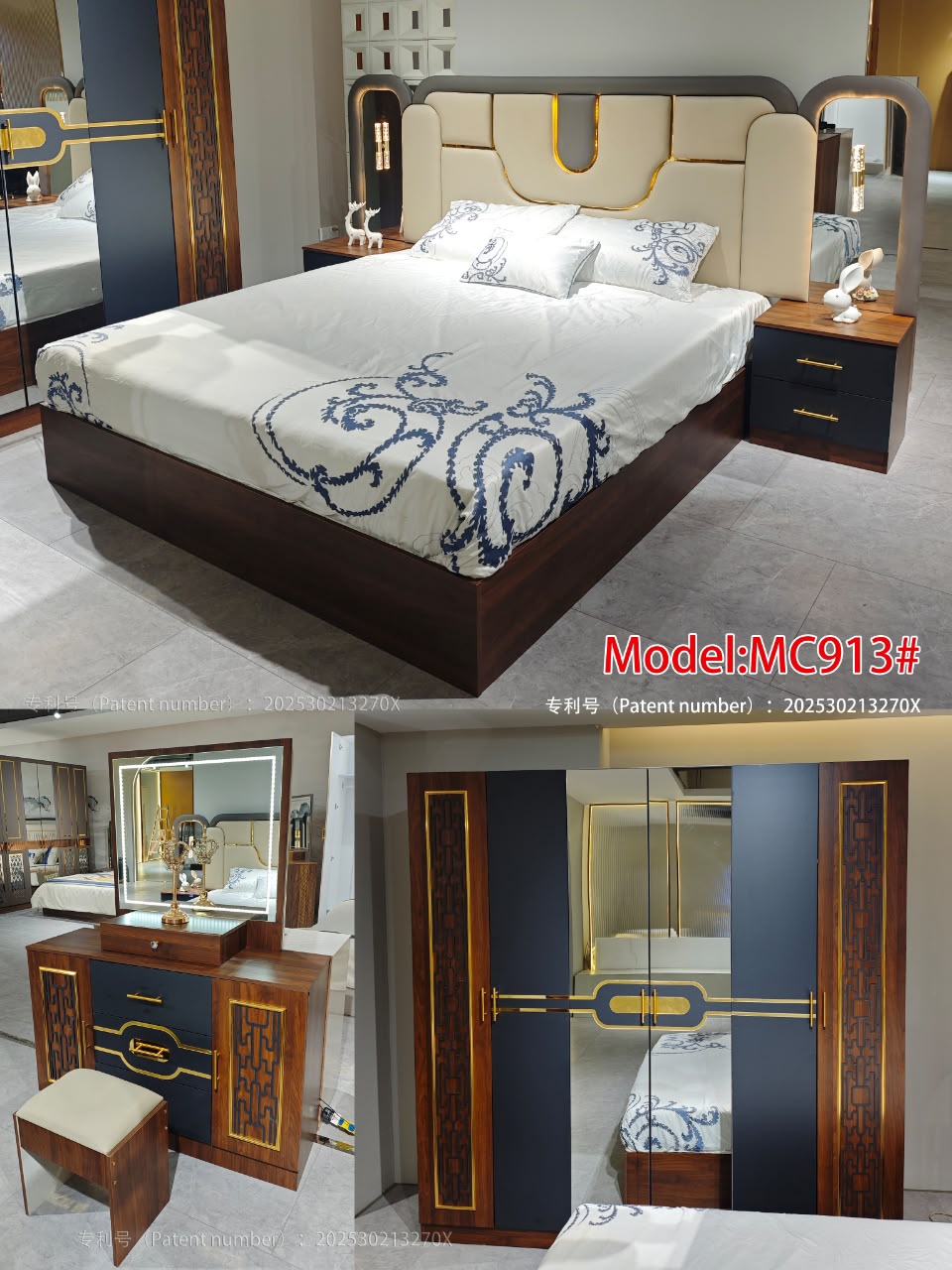 Chambre complète MC913 — tête de lit capitonnée bleu marine et doré